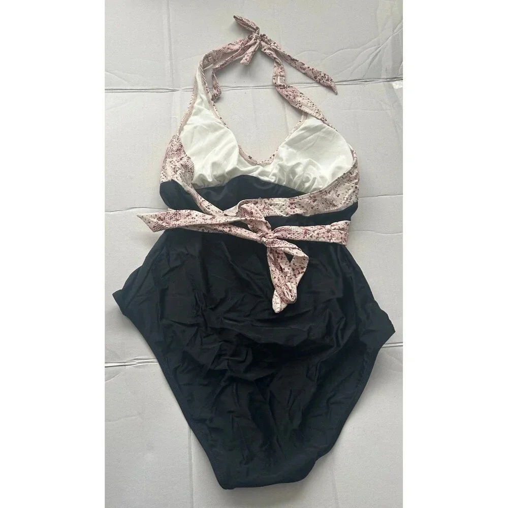 Cupshe Womens Halter One Piece Swimsuit XL Bathing Suit Black & Pink Snake Print